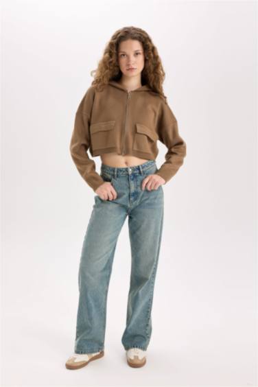 Regular Fit Kapüşonlu Basic Düz Fermuarlı Triko Hırka