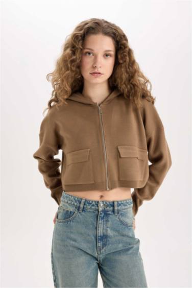 Regular Fit Kapüşonlu Basic Düz Fermuarlı Triko Hırka