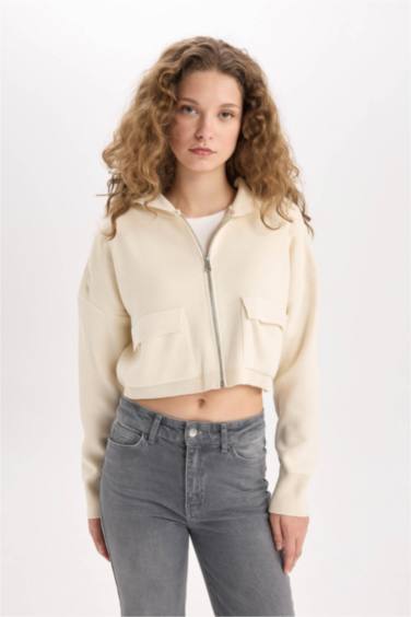 Regular Fit Kapüşonlu Basic Düz Fermuarlı Triko Hırka