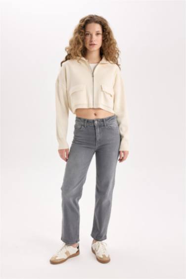 Regular Fit Kapüşonlu Basic Düz Fermuarlı Triko Hırka