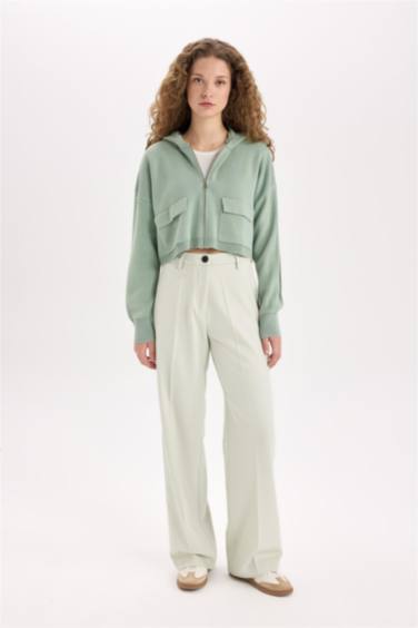 Regular Fit Kapüşonlu Basic Düz Fermuarlı Triko Hırka