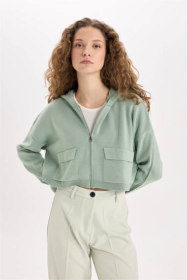 Regular Fit Kapüşonlu Basic Düz Fermuarlı Triko Hırka