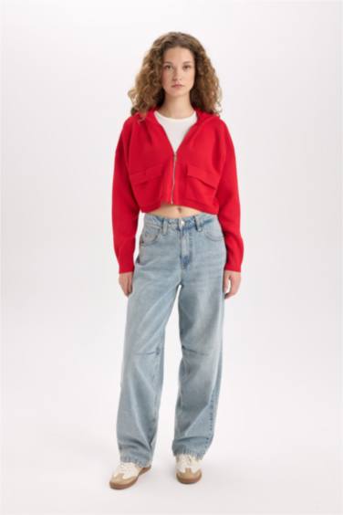 Regular Fit Kapüşonlu Basic Düz Fermuarlı Triko Hırka