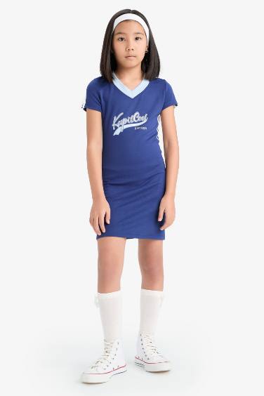 فستان بنات نص كم مطبوع برقبة V