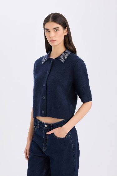 Regular Fit Polo Neck Basic Buttoned Knitted Cardigan