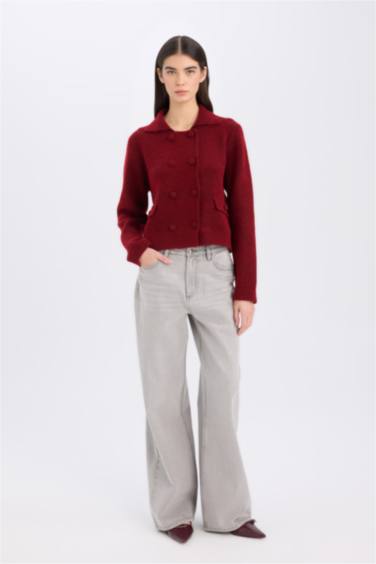 Regular Fit Polo Yaka Basic Düz Düğmeli Triko Hırka