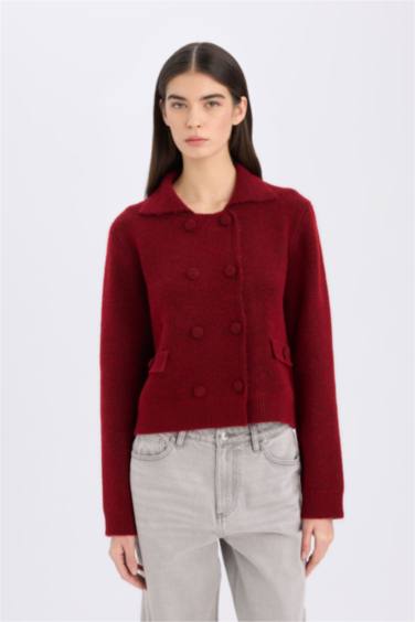 Regular Fit Polo Yaka Basic Düz Düğmeli Triko Hırka