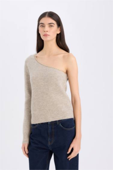 بلوز تريكو سادة قصة عادية بكتف واحد