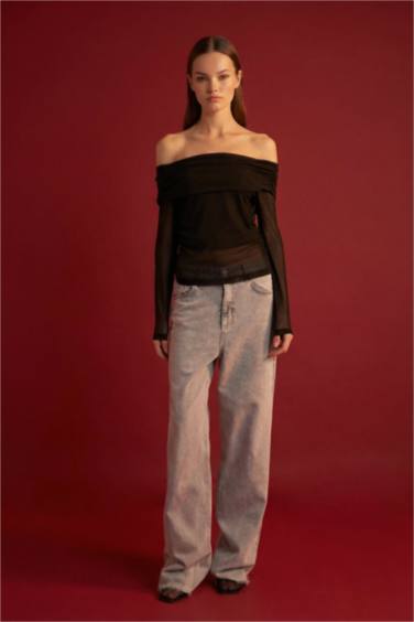 Slim Fit Open Shoulder Tulle Long Sleeve T-Shirt