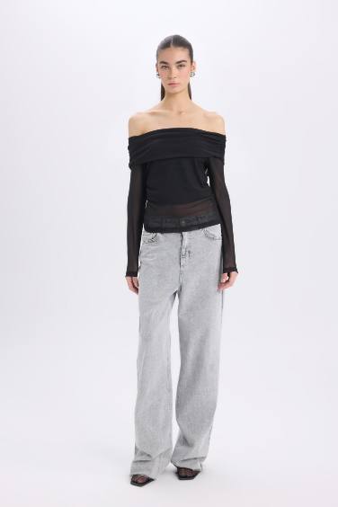 Slim Fit Dar Kesim Omzu Açık Tül Uzun Kollu Tişört