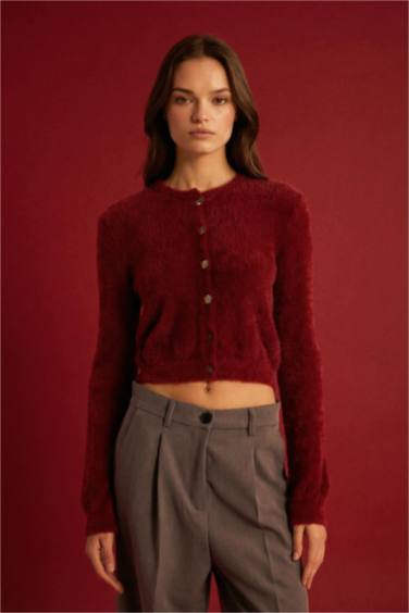 Regular Fit Bisiklet Yaka Düğmeli Triko Bordo Hırka