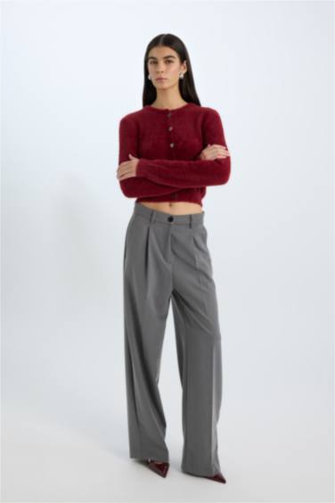 Regular Fit Bisiklet Yaka Düğmeli Triko Bordo Hırka