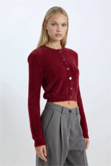 Regular Fit Bisiklet Yaka Düğmeli Triko Bordo Hırka