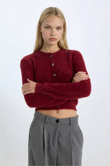 Regular Fit Bisiklet Yaka Düğmeli Triko Bordo Hırka