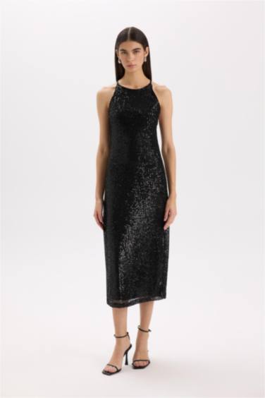 Halter Collar Sequined Fabric Sleeveless Maxi Dress