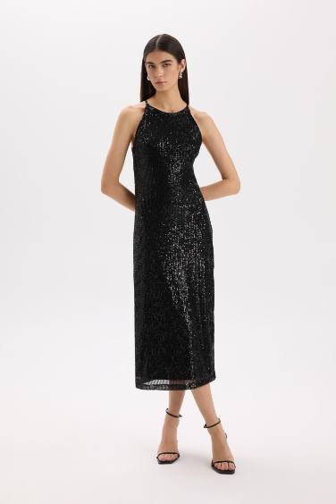 Halter Collar Sequined Fabric Sleeveless Maxi Dress