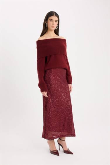 A Kesim Normal Bel Payetli Kumaş Maxi Etek