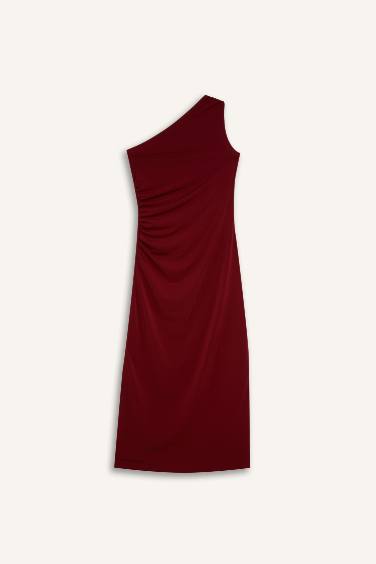  Bodycon Vücudu Saran Basic Düz Tek Omuzlu Bordo Midi Elbise