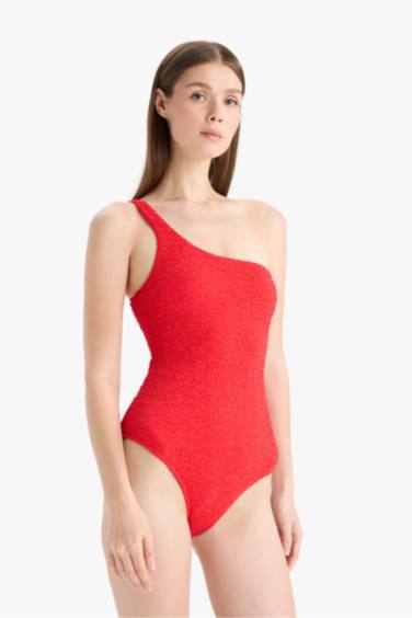 Fall in Love Regular Fit Seersucker Textured One Shoulder Swimsuit