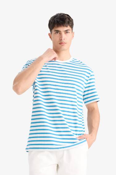 Cotton Regular Fit Crew Neck Cotton Striped T-Shirt