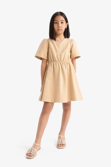 Girl Standard Fit V Neck Gabardine Short Sleeve Dress