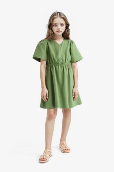 Girl Standard Fit V Neck Gabardine Short Sleeve Dress