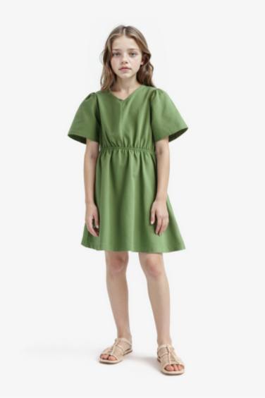 Girl Standard Fit V Neck Gabardine Short Sleeve Dress