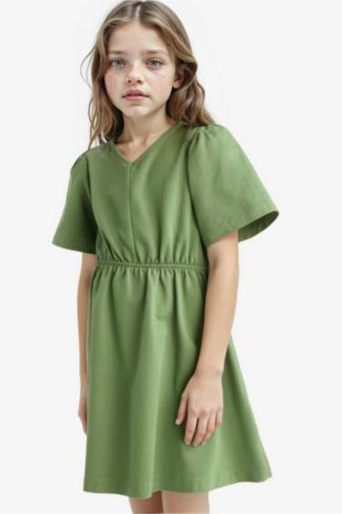 Girl Standard Fit V Neck Gabardine Short Sleeve Dress