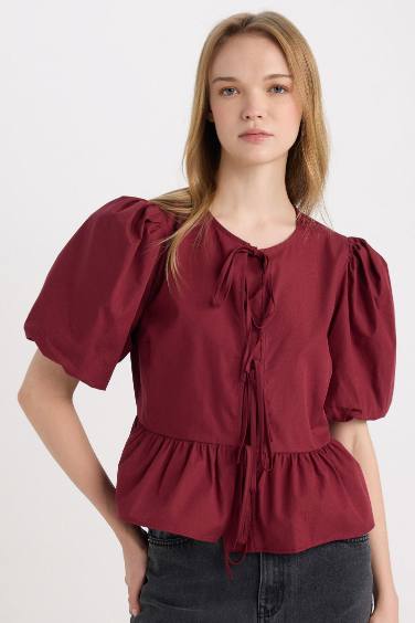 Regular Fit Round Neck Tied Front Poplin Blouse