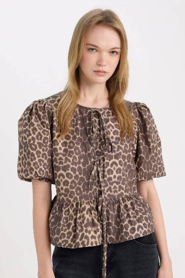 Regular Fit Round Neck Front Tie Poplin Leopard Blouse