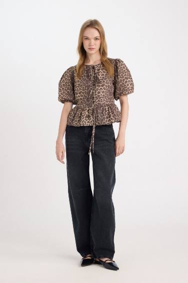 Regular Fit Round Neck Front Tie Poplin Leopard Blouse