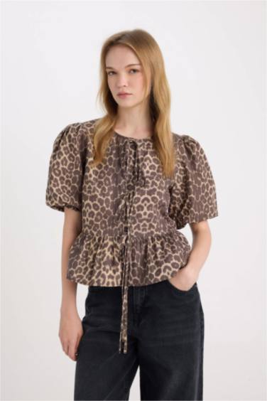 Regular Fit Round Neck Front Tie Poplin Leopard Blouse