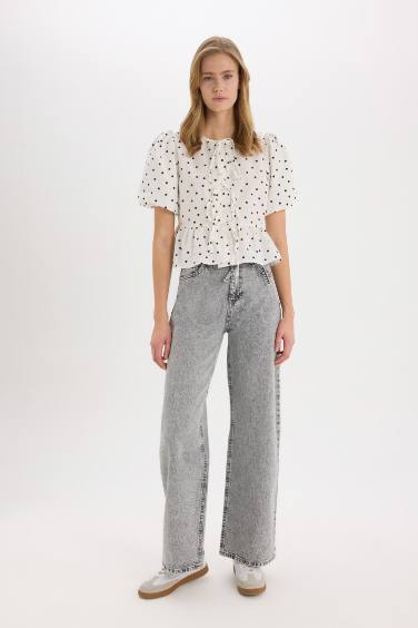 بلوزة نص كم بوبلين مطبوع قصة عادية بياقة مستديرة