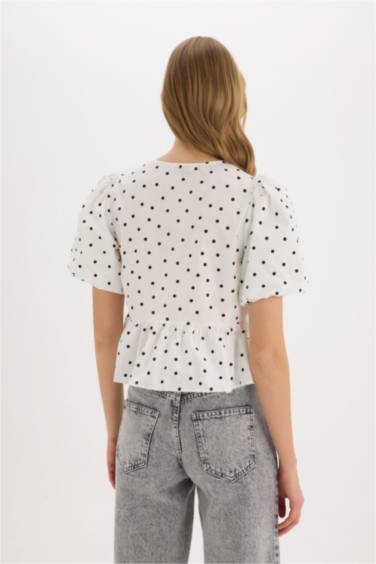 Yuvarlak Yaka Puantiyeli Önden Bağlamalı Poplin Kısa Kollu Bluz - Görsel 6