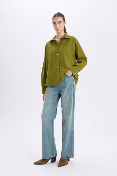 قميص بيزك اوفر سايز كم طويل بوبلين