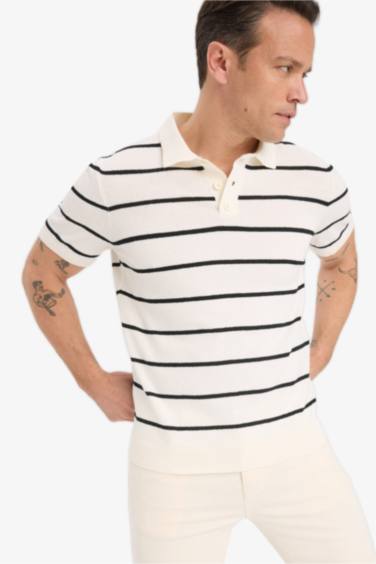 T-shirt Polo en maille rayée à manches courtes Coupe standard