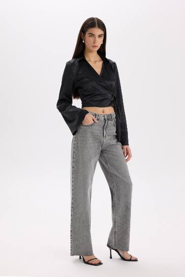 Fitted Wrap Yaka Saten Uzun Kollu Bluz