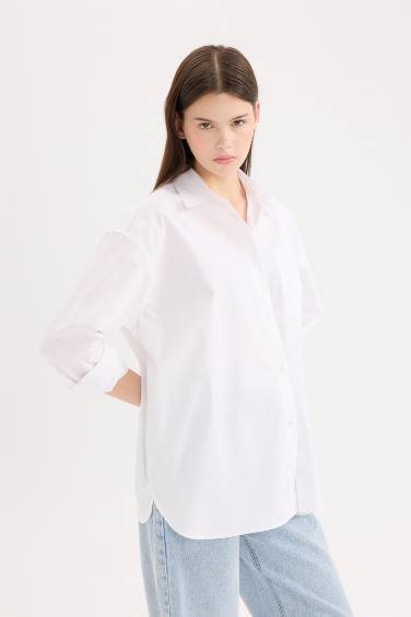 Oversize Fit Shirt Collar Poplin Long Sleeve Shirt