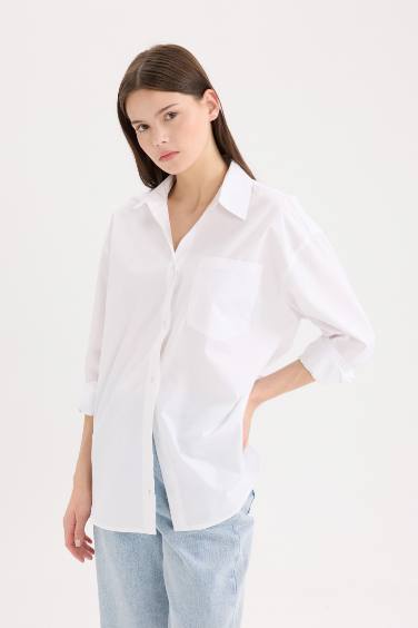 Oversize Fit Shirt Collar Poplin Long Sleeve Shirt