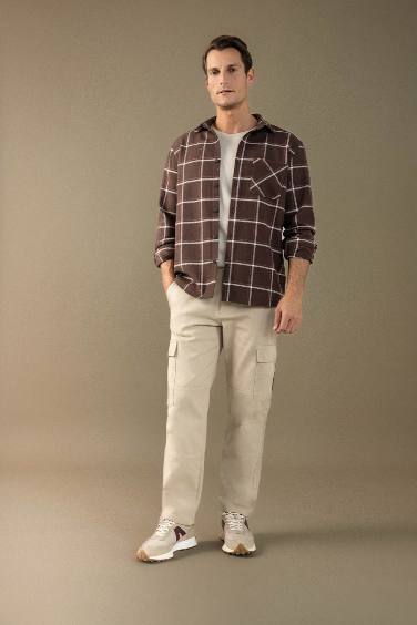 Regular Fit Polo Collar Plaid Flanel Long Sleeve Shirt