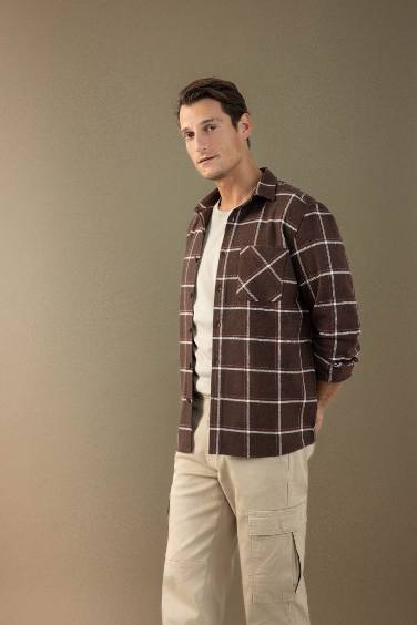 Regular Fit Polo Collar Plaid Flanel Long Sleeve Shirt