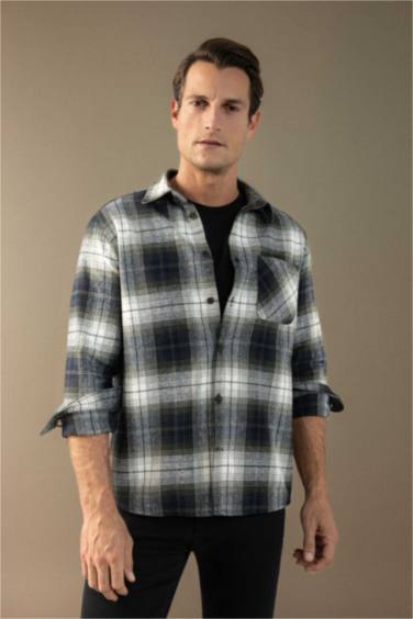 Regular Fit Polo Yaka Kareli Flanel Uzun Kollu Gömlek