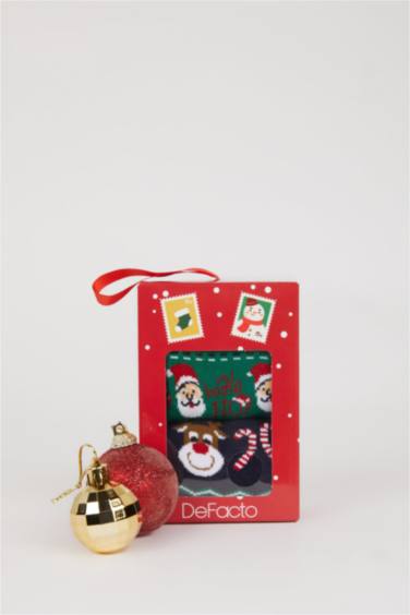 Erkek Çocuk Kutulu Yılbaşı Temalı 2'li Pamuklu Uzun Çorap