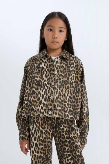 Girl Buttoned Gabardine Long Sleeve Shirt Leopard Jacket