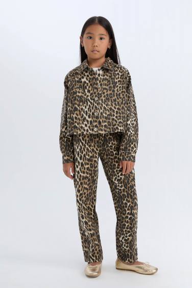 Kız Çocuk Leopar Desenli 90's Wide Leg Düz Paça Gabardin Pantolon