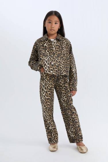 Girl 90's Wide Leg Straight Leg Gabardine Leopard Trousers