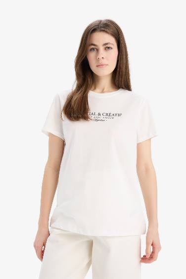 Regular Fit Crew Neck Slogan Printed Cotton T-Shirt