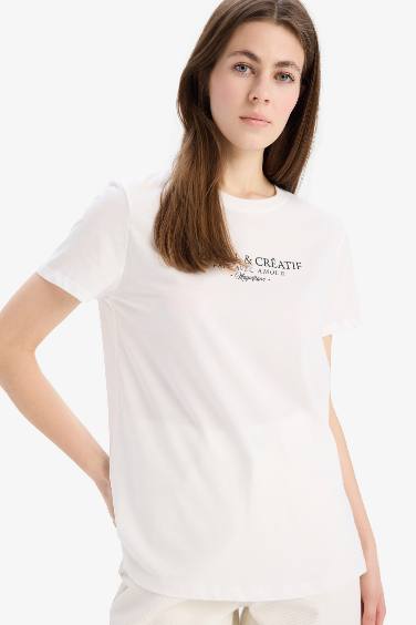 Regular Fit Crew Neck Slogan Printed Cotton T-Shirt