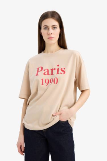 تيشيرت نص ردن اوفر سايز بياخة مستديرة بطبعة شعار