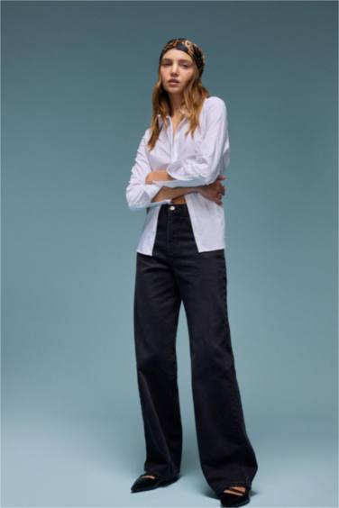 بنطلون جينز قصة مستقيمة واسعة بخصر عالي